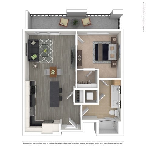 Floor plan for 1 bed, 1 bath, 616 sqft